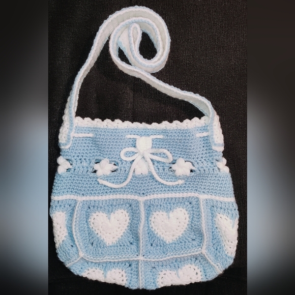 Handbags - Crocheted Blue and White Heart Granny Square Drawstring Crossbody Bag
